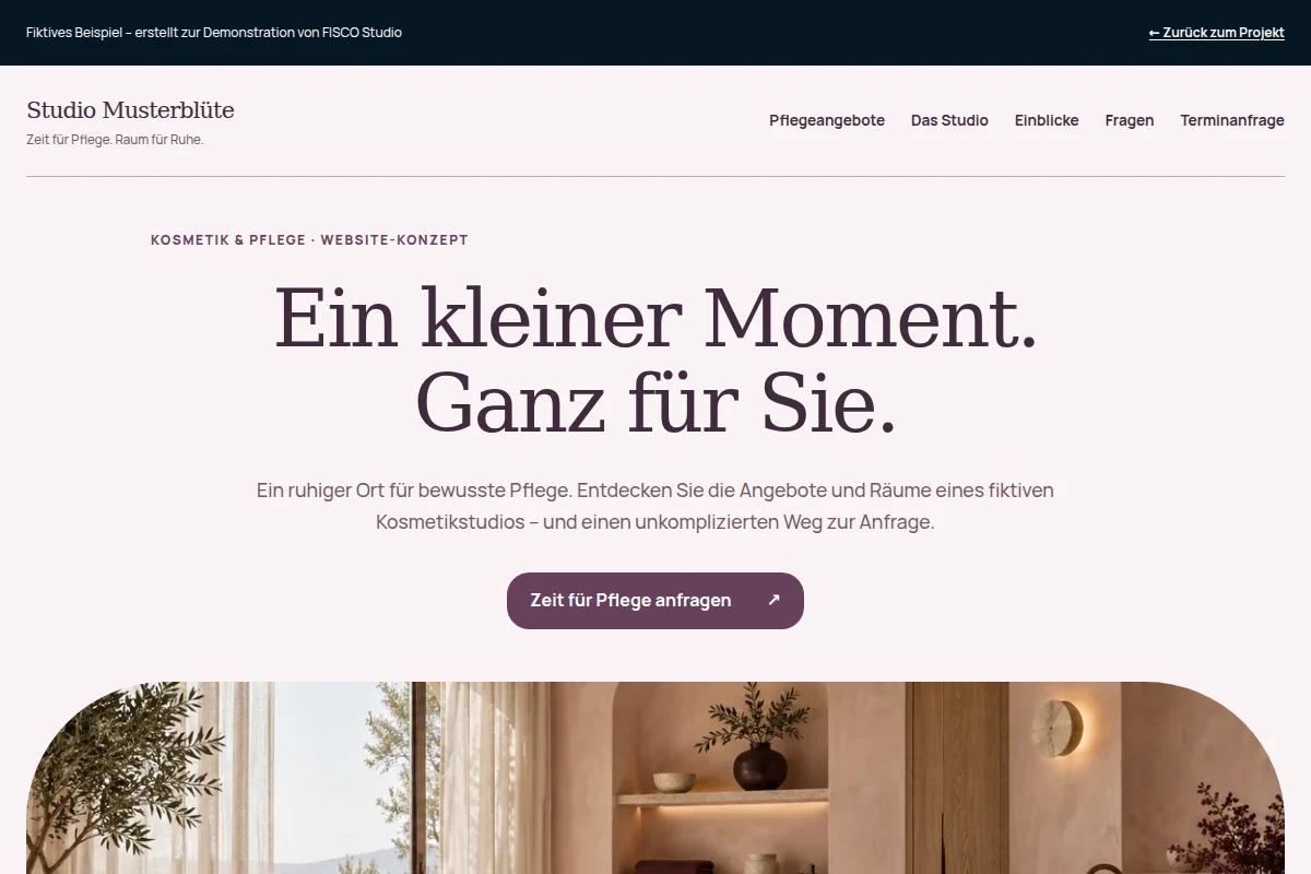 Demo-Konzept einer Kosmetikstudio-Website mit Behandlungsübersicht und Terminweg