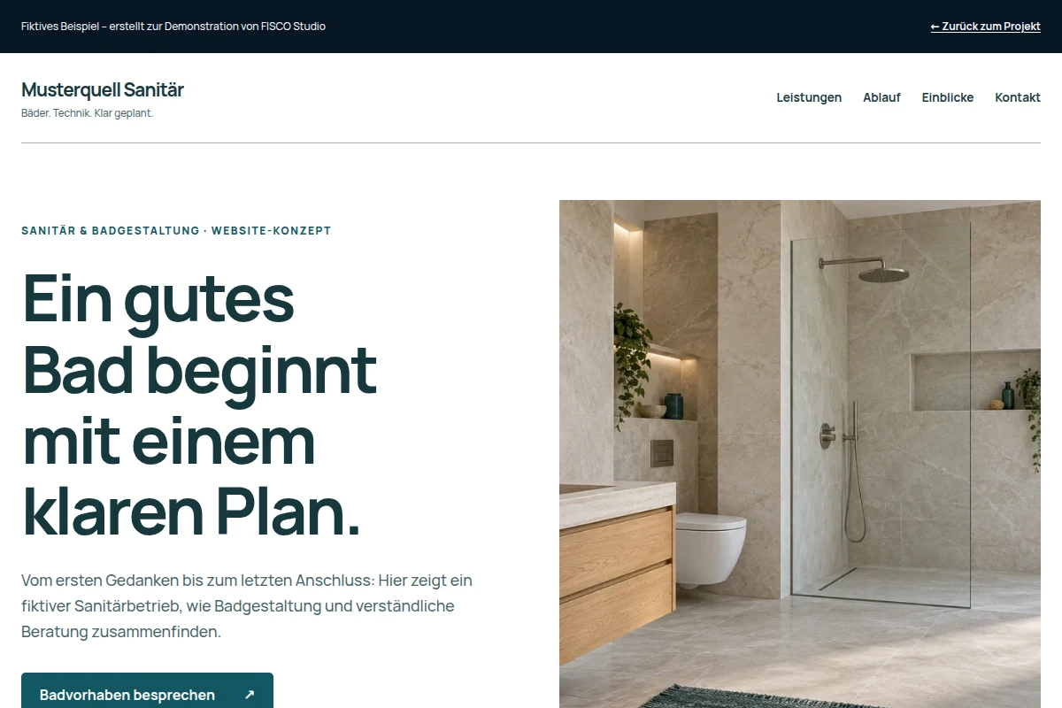 Demo-Konzept einer Handwerkswebsite mit Badraum, Leistungsübersicht und Anfrageweg