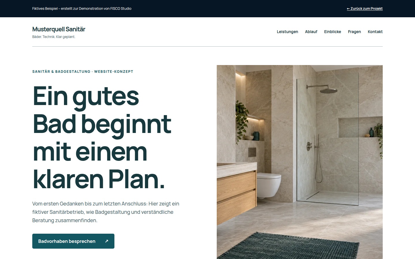 Nachher: Die aktuelle Musterquell-Sanitär-Demo mit klarer Hauptbotschaft und direktem Anfrageweg.