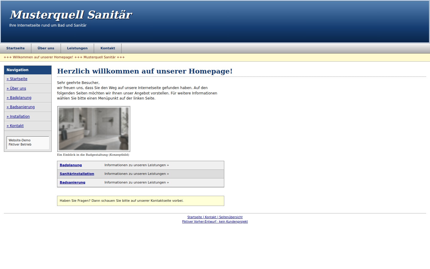 Vorher: Musterquell Sanitär mit veraltetem Layout, allgemeinem Willkommenstext und kleinem, blassem Badezimmerfoto.